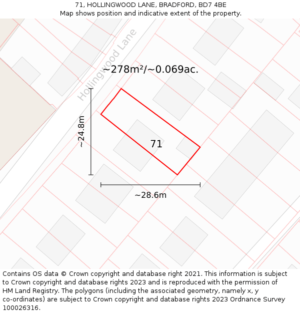 71, HOLLINGWOOD LANE, BRADFORD, BD7 4BE: Plot and title map