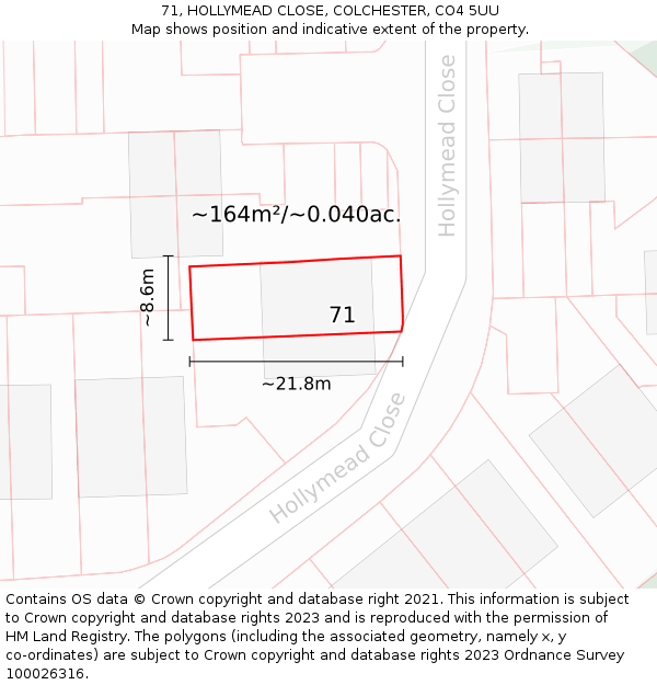 71, HOLLYMEAD CLOSE, COLCHESTER, CO4 5UU: Plot and title map