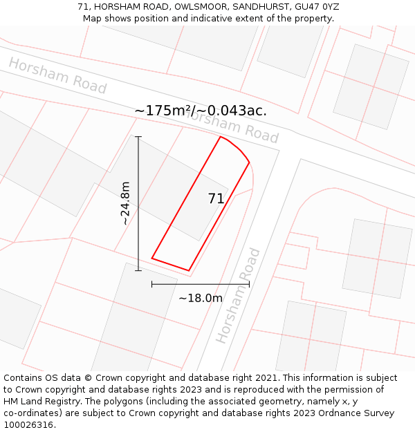 71, HORSHAM ROAD, OWLSMOOR, SANDHURST, GU47 0YZ: Plot and title map
