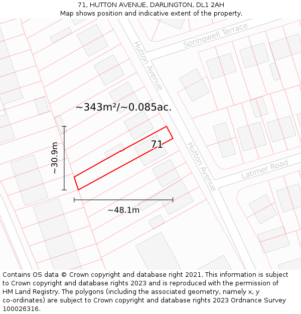71, HUTTON AVENUE, DARLINGTON, DL1 2AH: Plot and title map