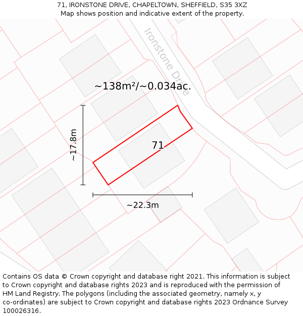 71, IRONSTONE DRIVE, CHAPELTOWN, SHEFFIELD, S35 3XZ: Plot and title map