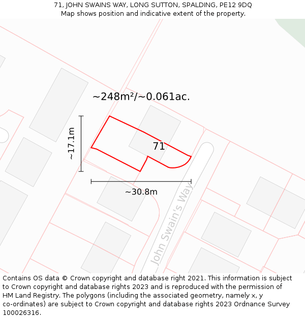 71, JOHN SWAINS WAY, LONG SUTTON, SPALDING, PE12 9DQ: Plot and title map