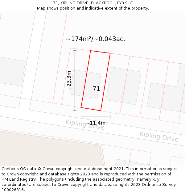 71, KIPLING DRIVE, BLACKPOOL, FY3 9UF: Plot and title map