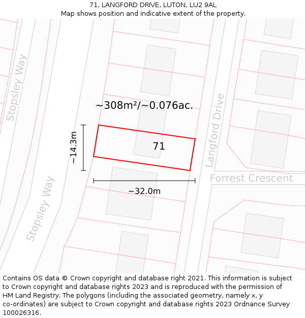 71, LANGFORD DRIVE, LUTON, LU2 9AL: Plot and title map