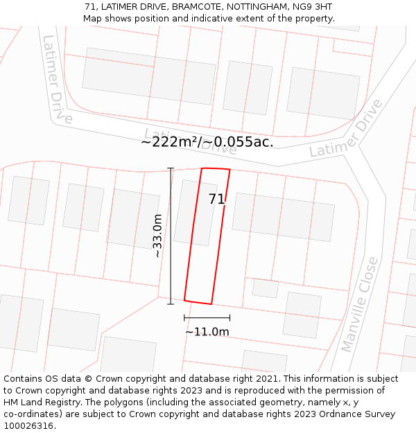 71, LATIMER DRIVE, BRAMCOTE, NOTTINGHAM, NG9 3HT: Plot and title map
