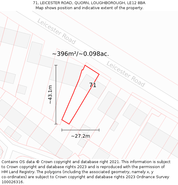 71, LEICESTER ROAD, QUORN, LOUGHBOROUGH, LE12 8BA: Plot and title map