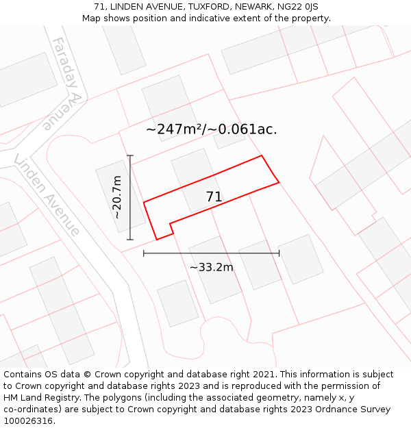 71, LINDEN AVENUE, TUXFORD, NEWARK, NG22 0JS: Plot and title map