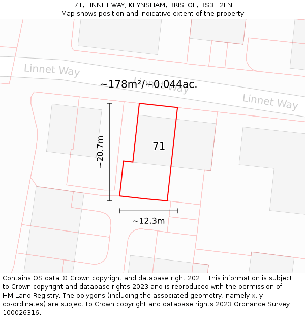 71, LINNET WAY, KEYNSHAM, BRISTOL, BS31 2FN: Plot and title map