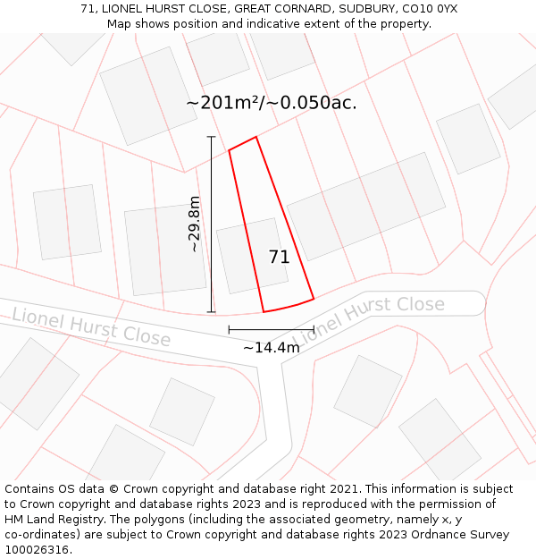 71, LIONEL HURST CLOSE, GREAT CORNARD, SUDBURY, CO10 0YX: Plot and title map