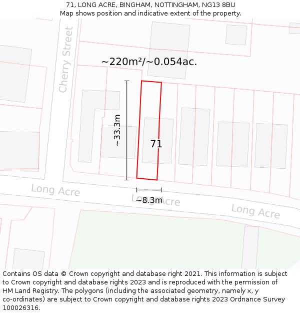 71, LONG ACRE, BINGHAM, NOTTINGHAM, NG13 8BU: Plot and title map