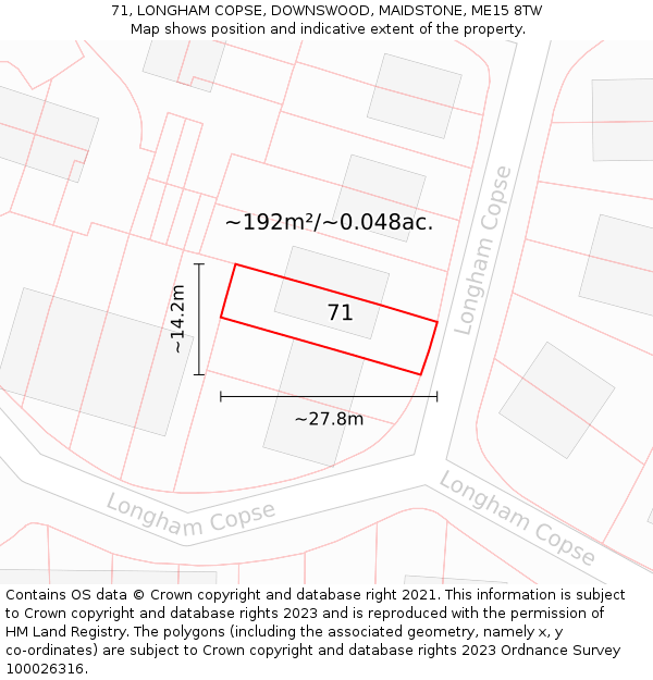 71, LONGHAM COPSE, DOWNSWOOD, MAIDSTONE, ME15 8TW: Plot and title map