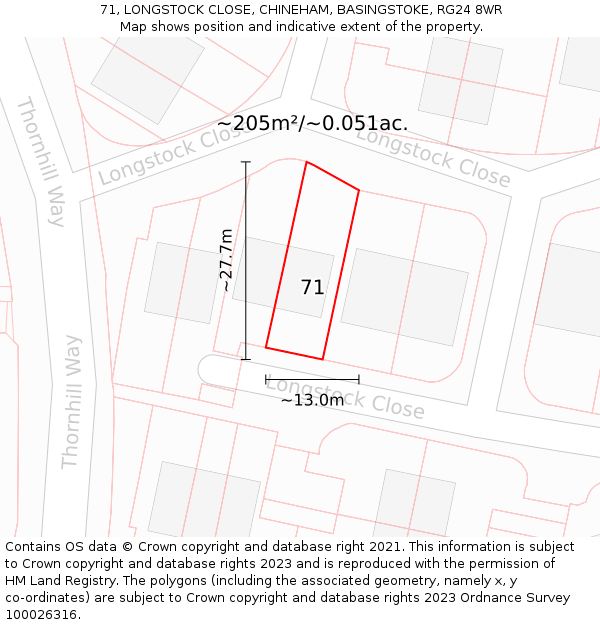 71, LONGSTOCK CLOSE, CHINEHAM, BASINGSTOKE, RG24 8WR: Plot and title map