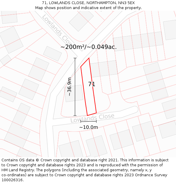71, LOWLANDS CLOSE, NORTHAMPTON, NN3 5EX: Plot and title map