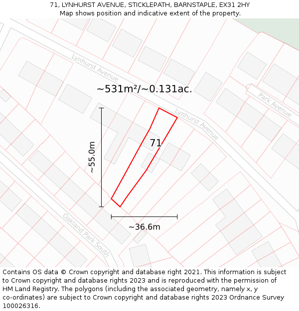 71, LYNHURST AVENUE, STICKLEPATH, BARNSTAPLE, EX31 2HY: Plot and title map