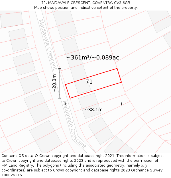 71, MAIDAVALE CRESCENT, COVENTRY, CV3 6GB: Plot and title map