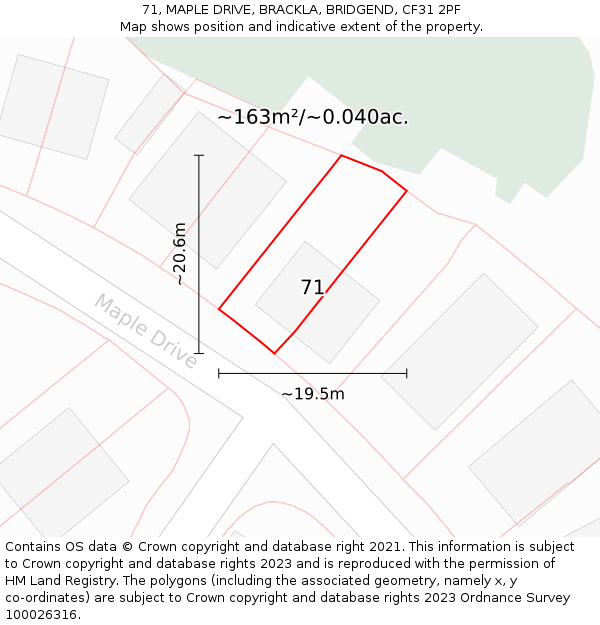 71, MAPLE DRIVE, BRACKLA, BRIDGEND, CF31 2PF: Plot and title map