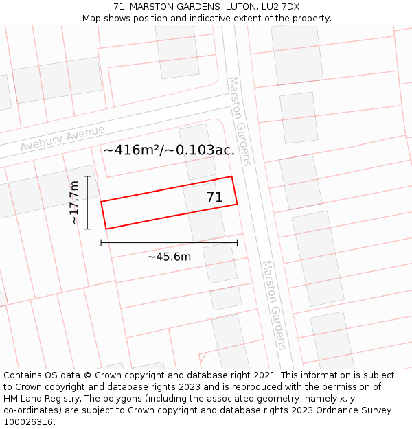 71, MARSTON GARDENS, LUTON, LU2 7DX: Plot and title map