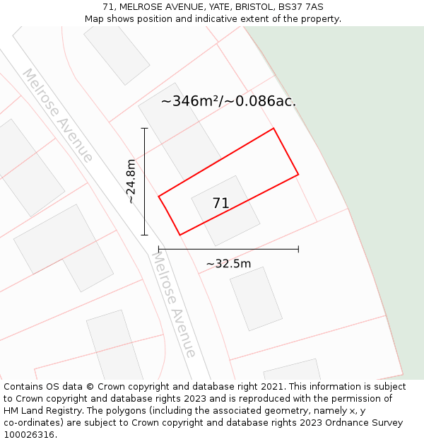 71, MELROSE AVENUE, YATE, BRISTOL, BS37 7AS: Plot and title map
