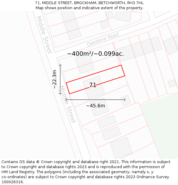 71, MIDDLE STREET, BROCKHAM, BETCHWORTH, RH3 7HL: Plot and title map