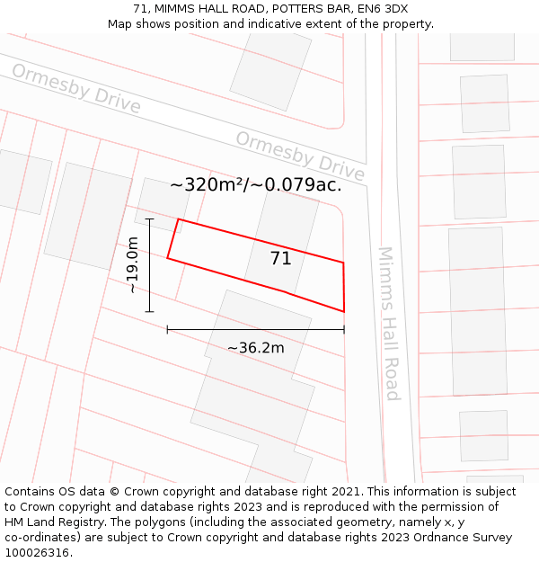 71, MIMMS HALL ROAD, POTTERS BAR, EN6 3DX: Plot and title map