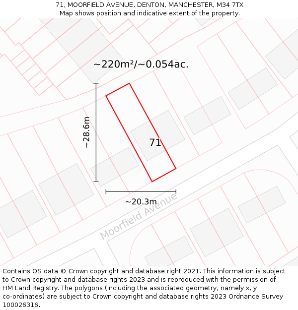 71, MOORFIELD AVENUE, DENTON, MANCHESTER, M34 7TX: Plot and title map