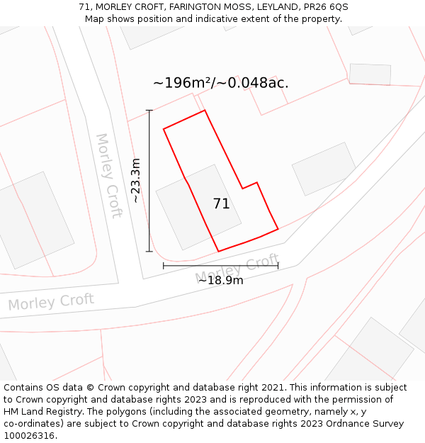 71, MORLEY CROFT, FARINGTON MOSS, LEYLAND, PR26 6QS: Plot and title map