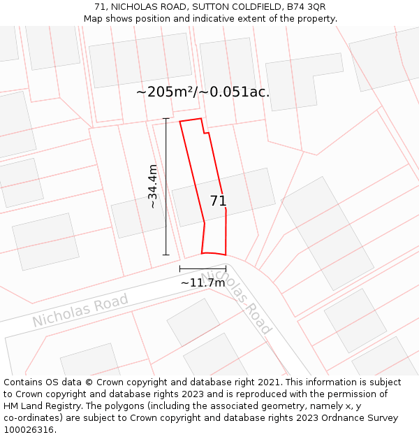 71, NICHOLAS ROAD, SUTTON COLDFIELD, B74 3QR: Plot and title map