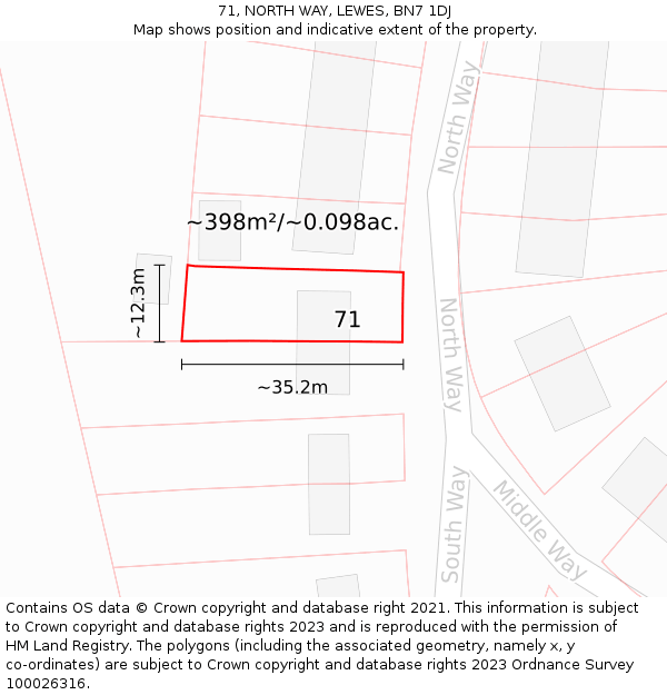 71, NORTH WAY, LEWES, BN7 1DJ: Plot and title map