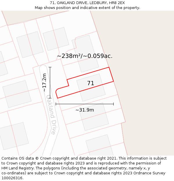71, OAKLAND DRIVE, LEDBURY, HR8 2EX: Plot and title map