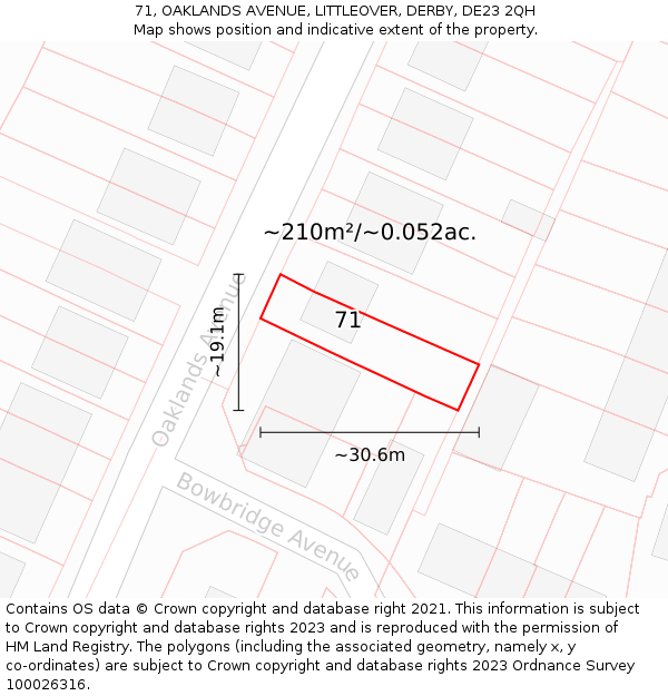 71, OAKLANDS AVENUE, LITTLEOVER, DERBY, DE23 2QH: Plot and title map