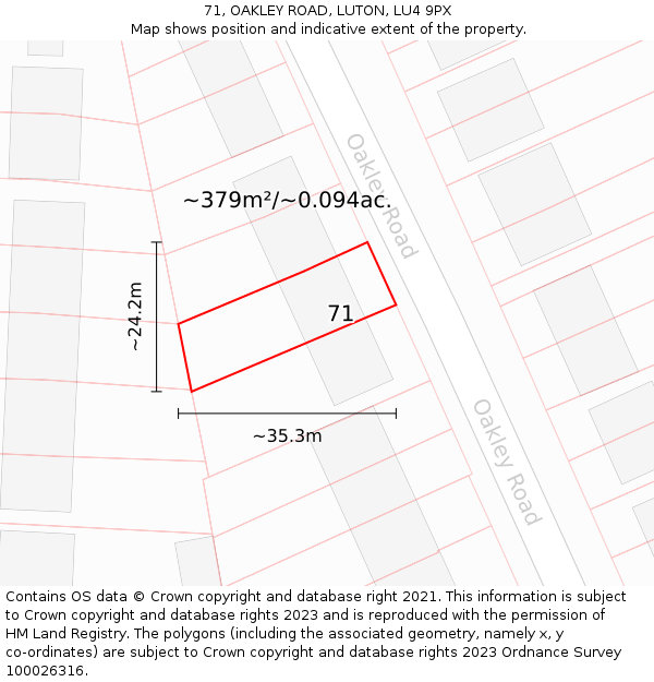 71, OAKLEY ROAD, LUTON, LU4 9PX: Plot and title map