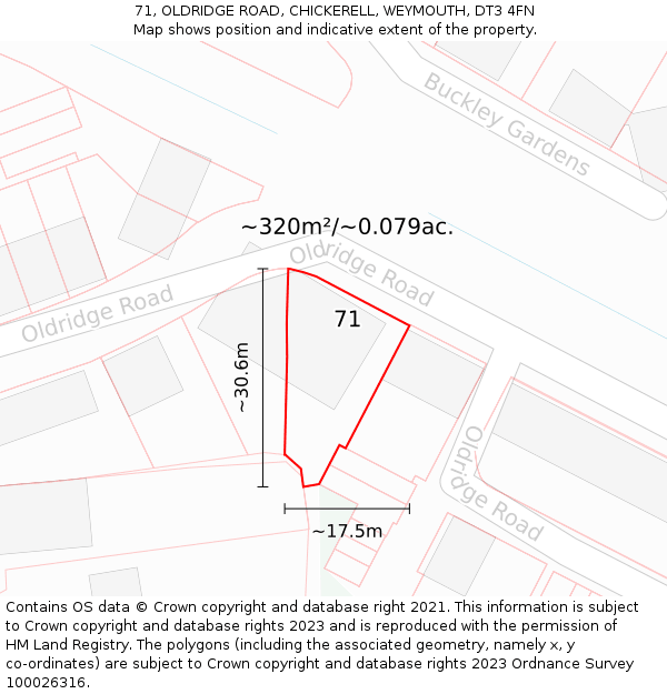 71, OLDRIDGE ROAD, CHICKERELL, WEYMOUTH, DT3 4FN: Plot and title map