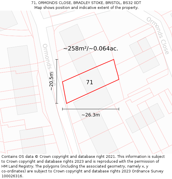 71, ORMONDS CLOSE, BRADLEY STOKE, BRISTOL, BS32 0DT: Plot and title map
