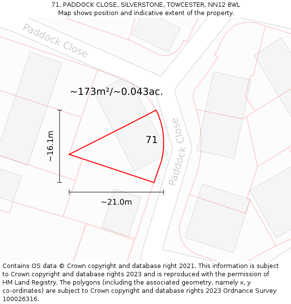 71, PADDOCK CLOSE, SILVERSTONE, TOWCESTER, NN12 8WL: Plot and title map