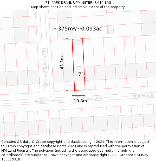 71, PARK DRIVE, UPMINSTER, RM14 3AS: Plot and title map