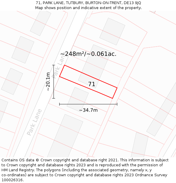71, PARK LANE, TUTBURY, BURTON-ON-TRENT, DE13 9JQ: Plot and title map