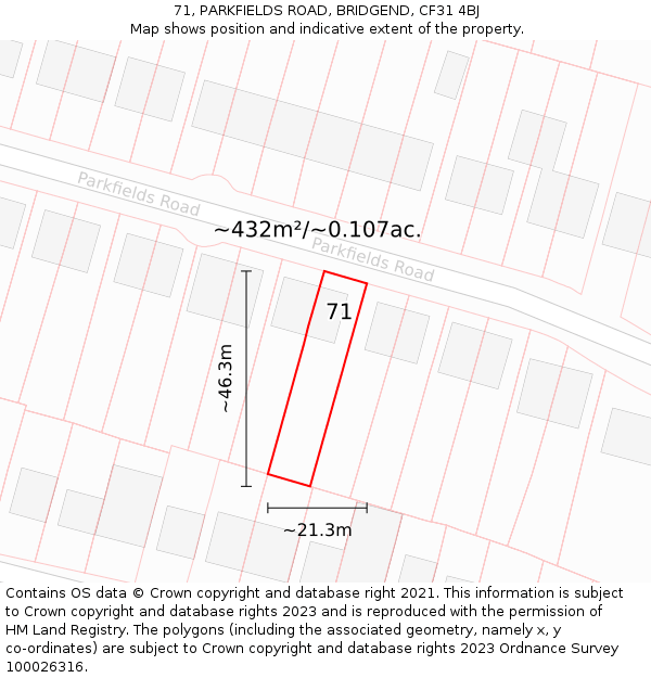 71, PARKFIELDS ROAD, BRIDGEND, CF31 4BJ: Plot and title map