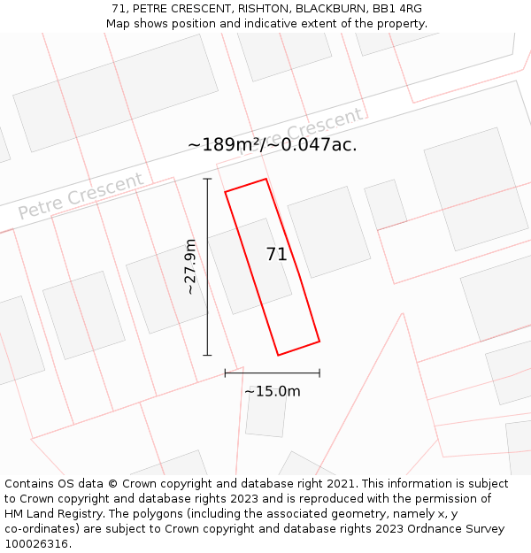 71, PETRE CRESCENT, RISHTON, BLACKBURN, BB1 4RG: Plot and title map