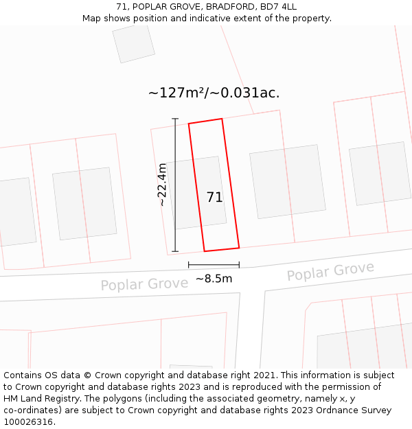 71, POPLAR GROVE, BRADFORD, BD7 4LL: Plot and title map