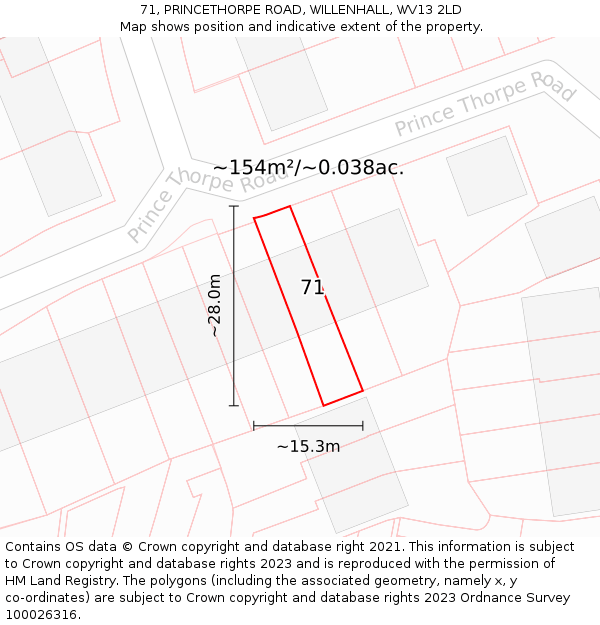 71, PRINCETHORPE ROAD, WILLENHALL, WV13 2LD: Plot and title map