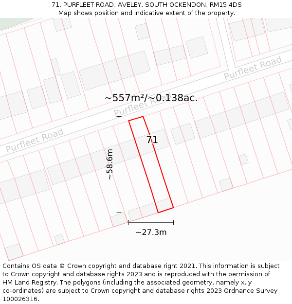 71, PURFLEET ROAD, AVELEY, SOUTH OCKENDON, RM15 4DS: Plot and title map