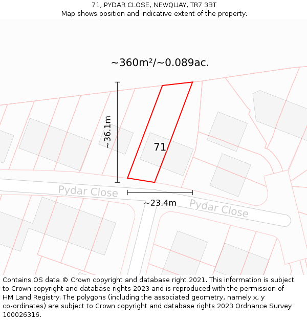 71, PYDAR CLOSE, NEWQUAY, TR7 3BT: Plot and title map