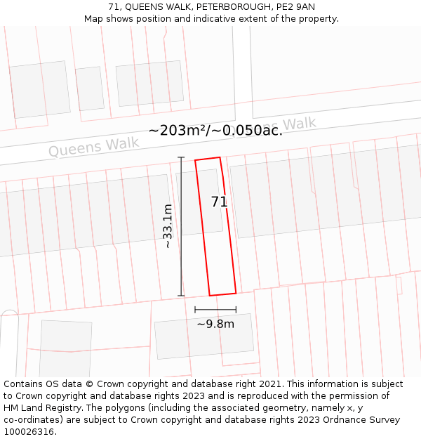 71, QUEENS WALK, PETERBOROUGH, PE2 9AN: Plot and title map