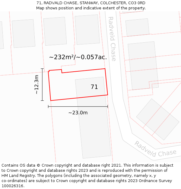 71, RADVALD CHASE, STANWAY, COLCHESTER, CO3 0RD: Plot and title map