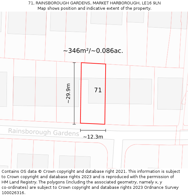 71, RAINSBOROUGH GARDENS, MARKET HARBOROUGH, LE16 9LN: Plot and title map