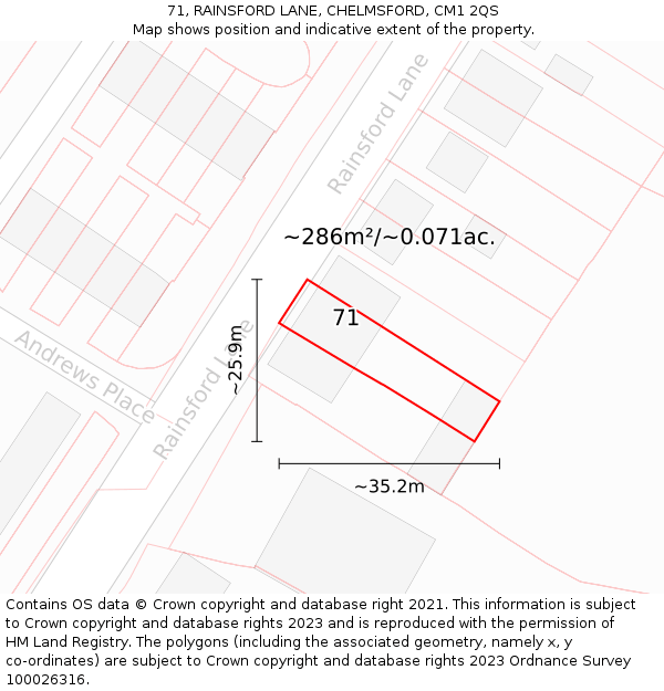 71, RAINSFORD LANE, CHELMSFORD, CM1 2QS: Plot and title map
