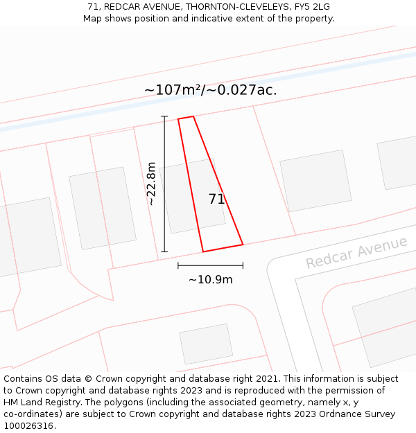 71, REDCAR AVENUE, THORNTON-CLEVELEYS, FY5 2LG: Plot and title map