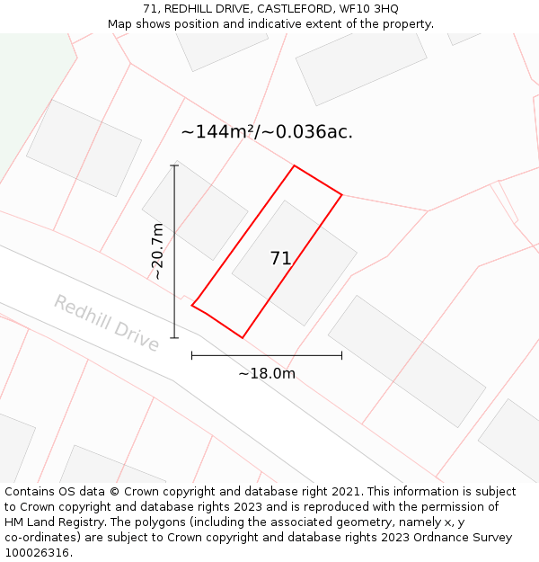 71, REDHILL DRIVE, CASTLEFORD, WF10 3HQ: Plot and title map