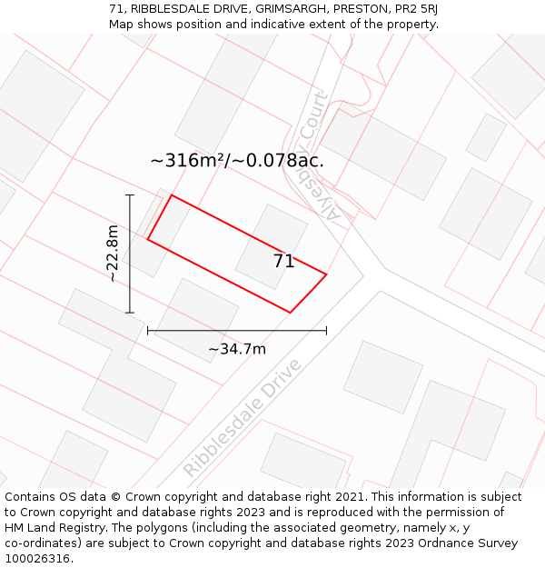 71, RIBBLESDALE DRIVE, GRIMSARGH, PRESTON, PR2 5RJ: Plot and title map