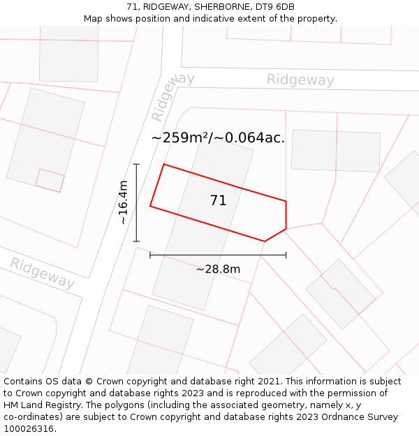 71, RIDGEWAY, SHERBORNE, DT9 6DB: Plot and title map
